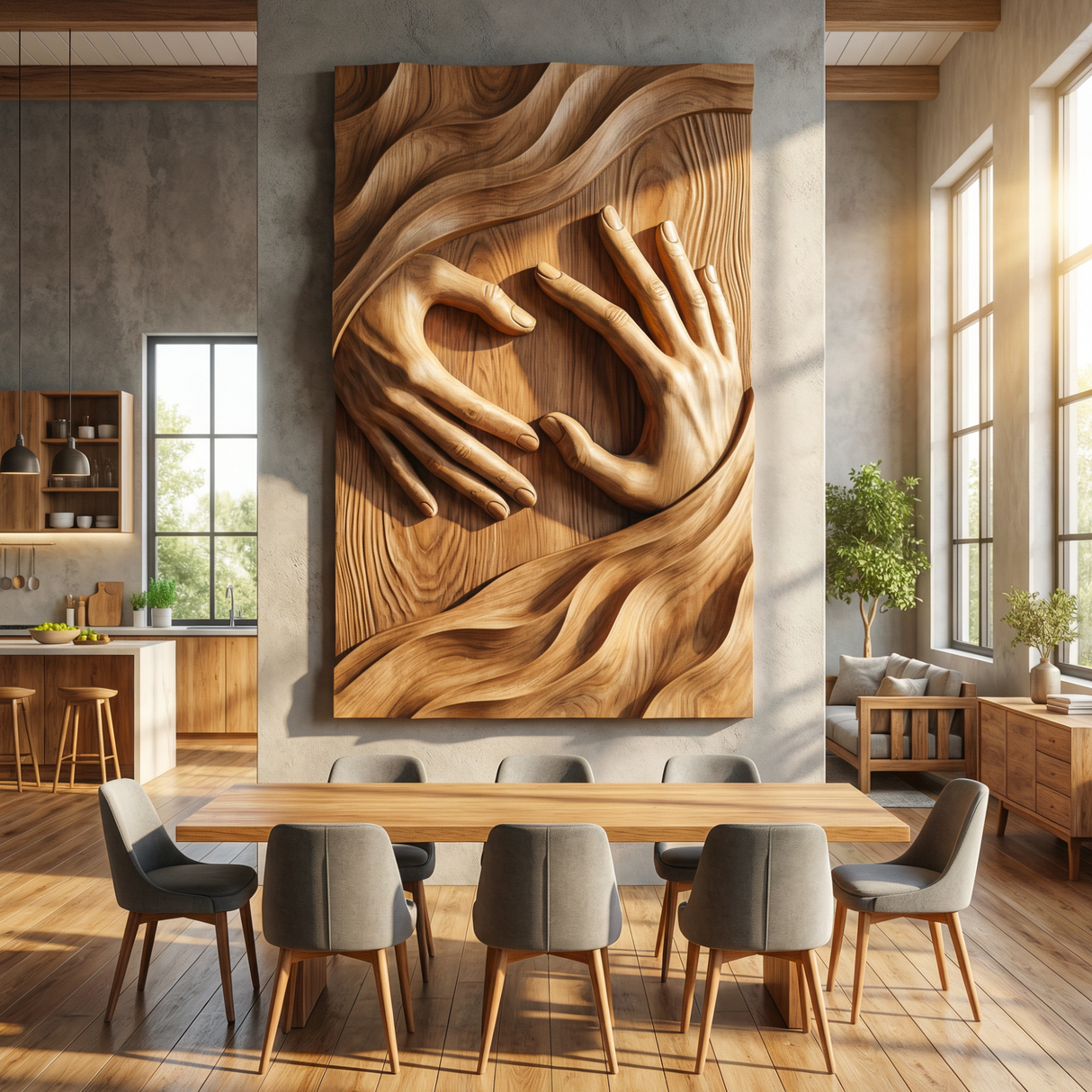 Handcrafted Solid Wood Wall Sculpture with Connected Hands and Flowing Grain Landscape
