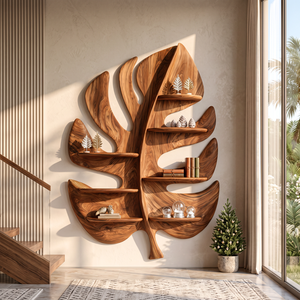 Tropical Leaf Solid Wood Wall Shelf with Organic Sculptural Display Shelves