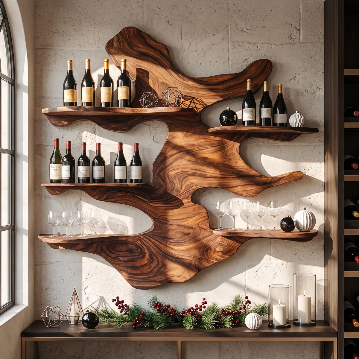 Sculptural Solid Wood Wall Wine Rack with Five Offset Display Shelves