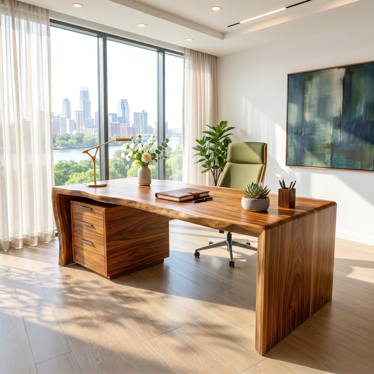 Organic Solid Wood Desk with Curved Edge and Drawer Storage