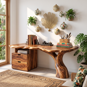 Live Edge Solid Wood Desk with Sculptural Tree Leg and Built In Drawer Cabinet