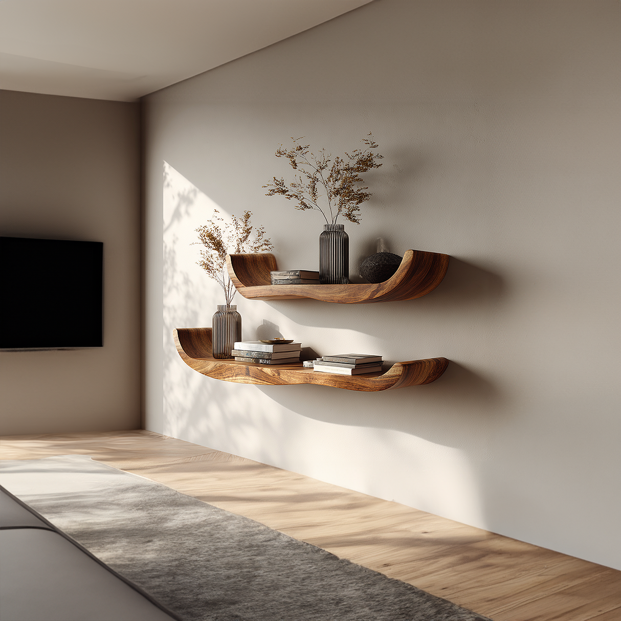 Curved Solid Wood Floating Wall Shelves Set