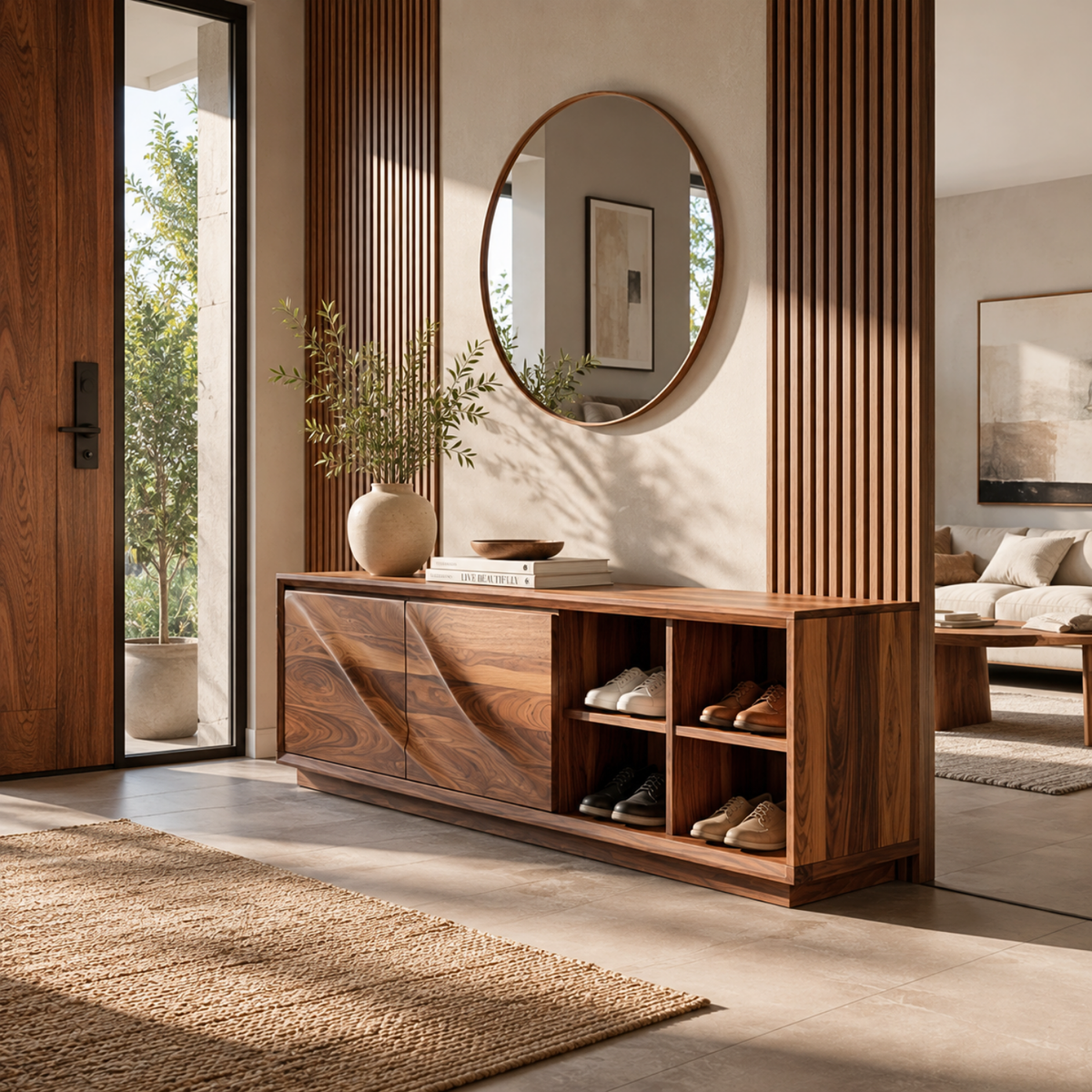 Shoe Cabinet Solid Wood with Closed Storage and Open Shelves