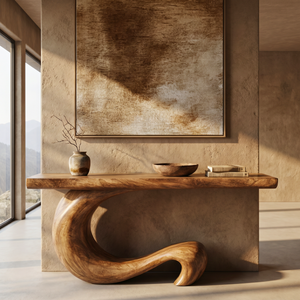 Console Table Solid Wood with Sculptural Curl Base for Entryway Decor
