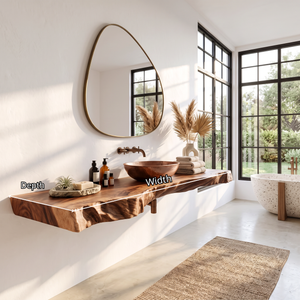 Solid Wood Floating Bathroom Vanity Shelf with Thick Live Edge Slab