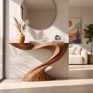 Console Table Solid Wood with Sculptural Swooping Pedestal for Entryway Decor
