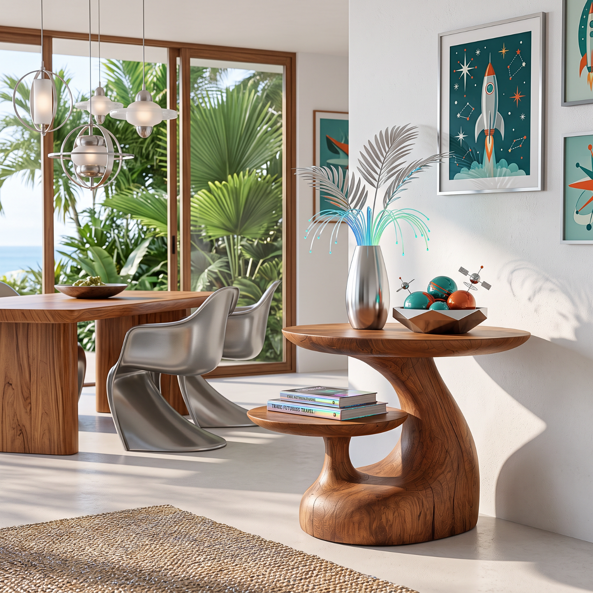 Handcrafted Solid Wood Side Table with Floating Shelf and Sculptural Curve Base