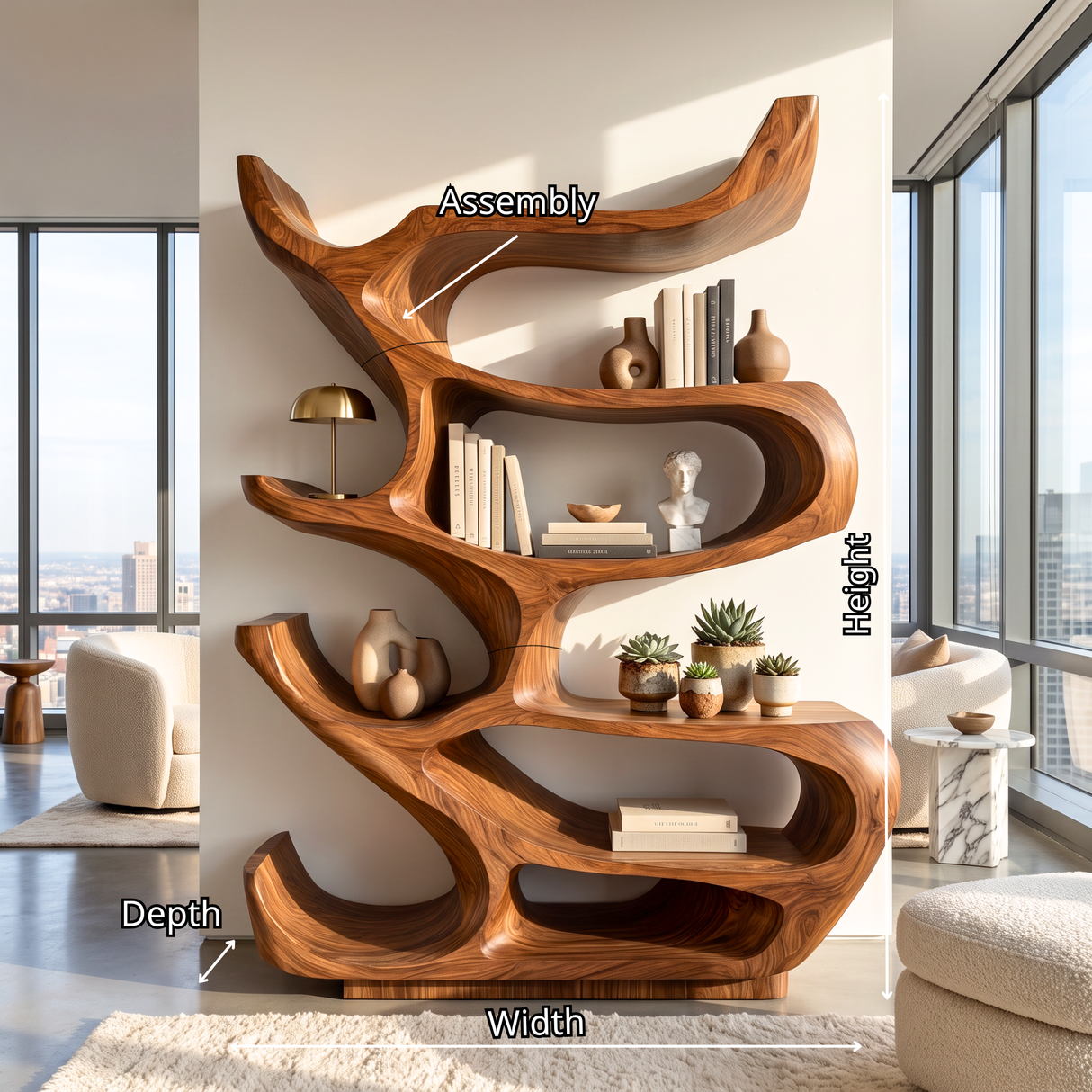 Bookshelf Solid Wood with Sculptural Organic Loop Shelves