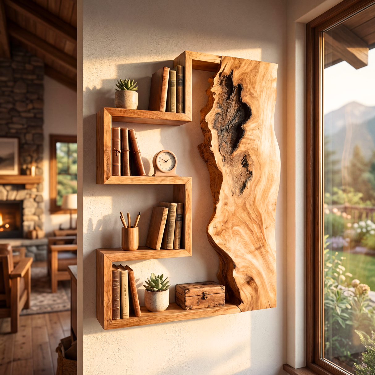 Geometric Solid Wood Wall Shelf with Live Edge Panel Sculptural Floating Storage Display