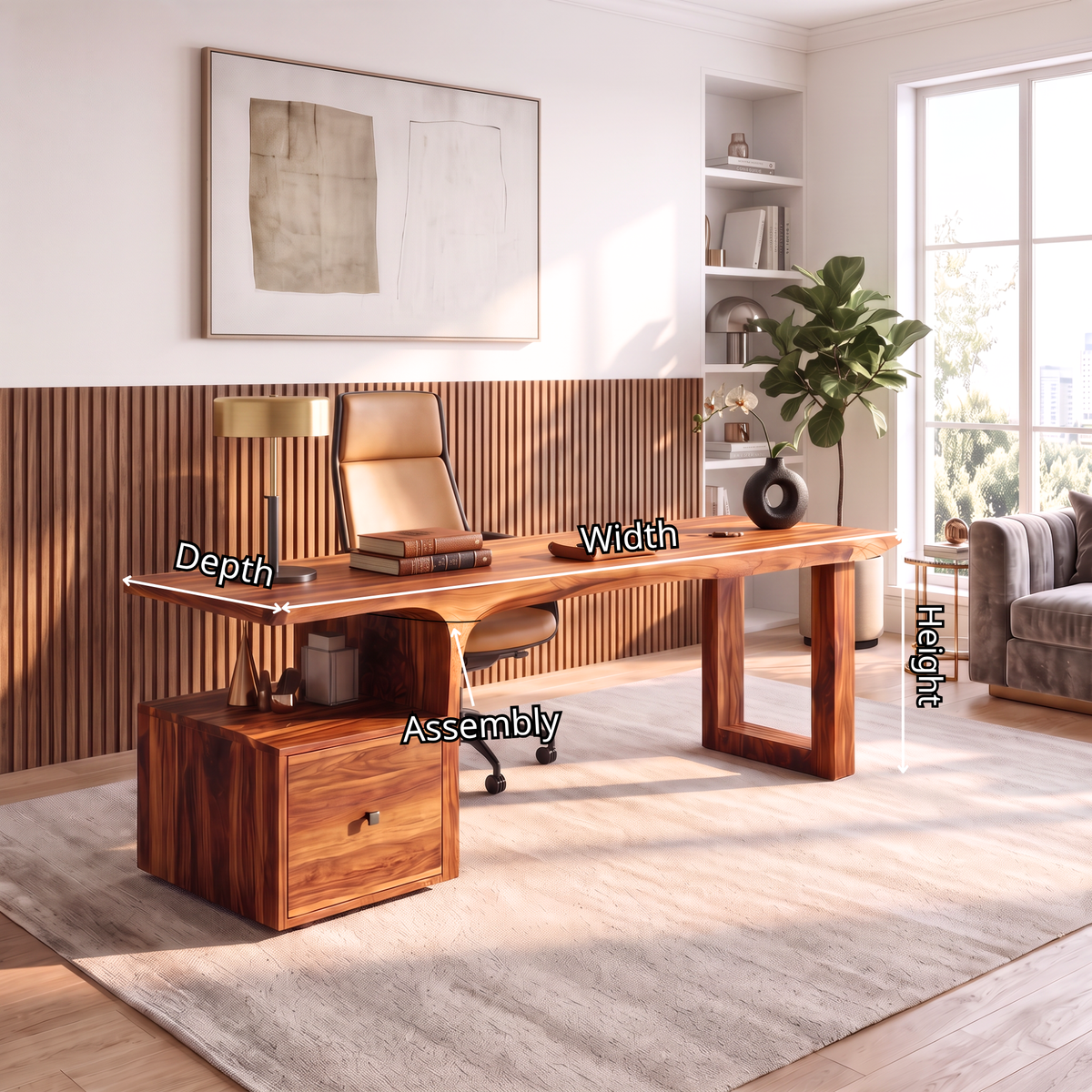 Sculptural Solid Wood Desk With Side Drawer For Home Office