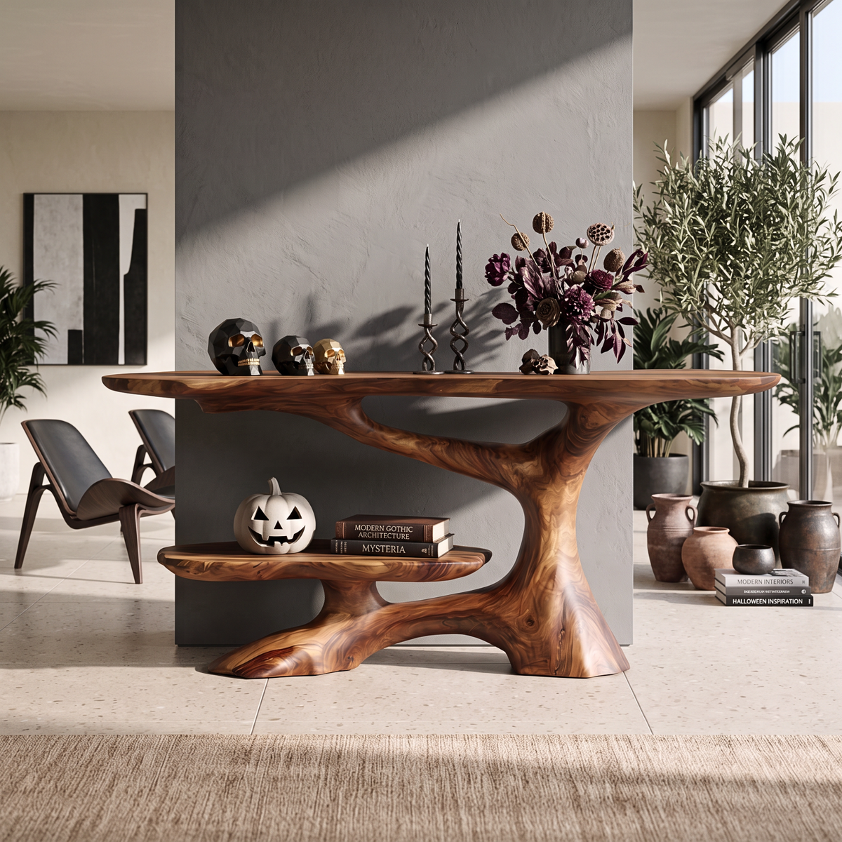 Handcrafted Solid Wood Console Table with Sculptural Branch Base and Floating Shelf