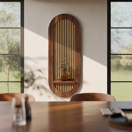 Arched Slatted Solid Wood Wall Panel with Floating Shelf