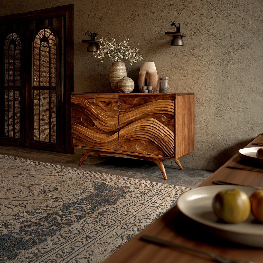 Carved Solid Wood Sideboard with Layered Wave Design Modern Rustic Storage Buffet Cabinet for Living Room