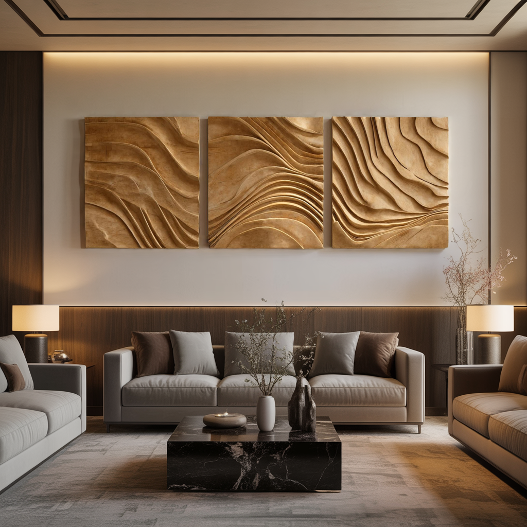 Handcarved Solid Wood Wall Art Set for Modern Living Room