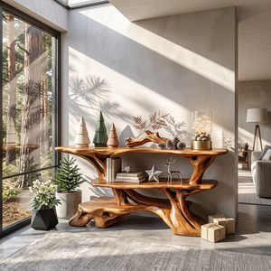 Handcrafted Solid Wood Console Table with Branching Frame and Tiered Shelves