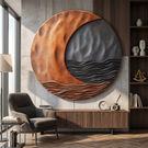 Solid Wood Circular Wall Sculpture with Crescent Wave Relief for Modern Interior Decor