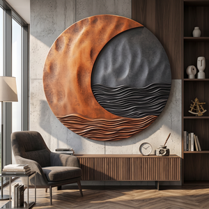 Solid Wood Circular Wall Sculpture with Crescent Wave Relief for Modern Interior Decor