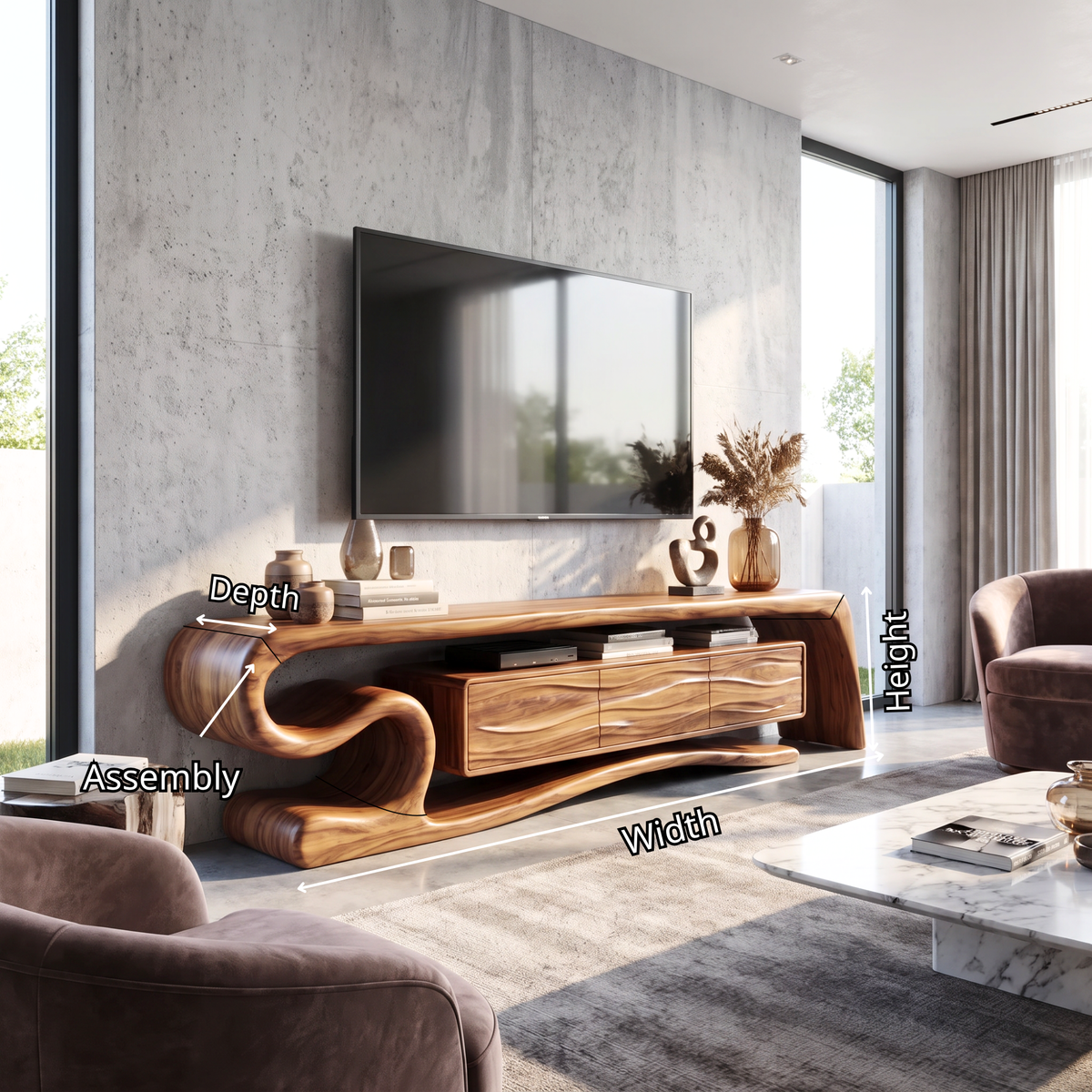 TV Stand with Sculptural S-Curve Frame and Natural Wave Grain Cabinet