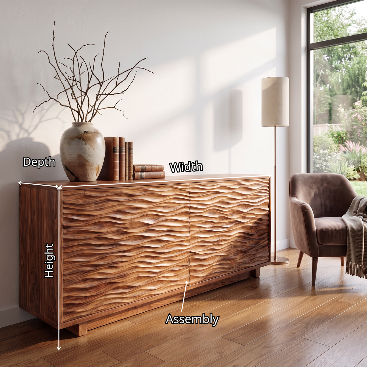 Sideboard Solid Wood with Sculptural Horizontal Wave Carved Doors