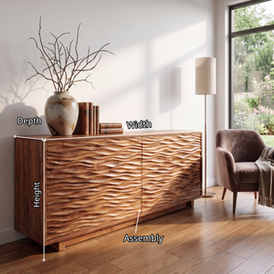 Sideboard Solid Wood with Sculptural Horizontal Wave Carved Doors