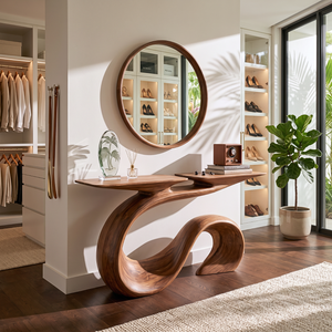 Organic Solid Wood Console Table with Sculptural Wave Base and Flowing S Curve Design