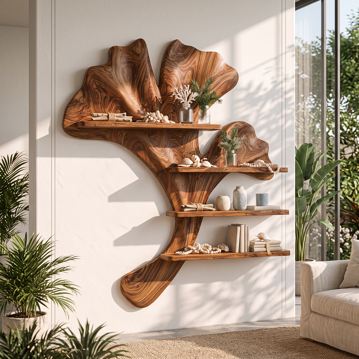 Ginkgo Leaf Solid Wood Wall Shelf with Sculptural Branch Display Design