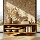 Gallery Style Solid Wood Media Console with Floating Wave Base, Minimalist TV Cabinet for Organic Modern Interiors