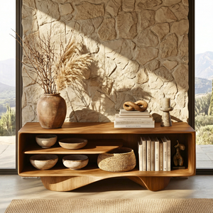 Gallery Style Solid Wood Media Console with Floating Wave Base, Minimalist TV Cabinet for Organic Modern Interiors