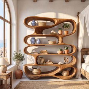 Flowing Open Form Wood Display Shelf with Sculptural Tiered Shelving