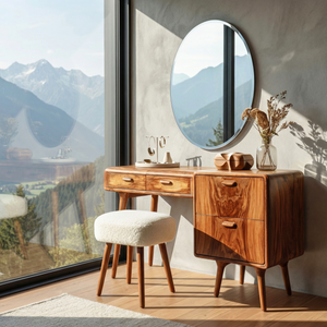 Wood Vanity Table with Side Storage Drawers, Mid Century Modern Dressing Table for Bedroom