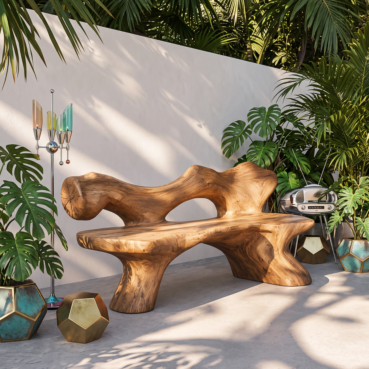 Solid Wood Garden Bench with Sculptural Organic Backrest