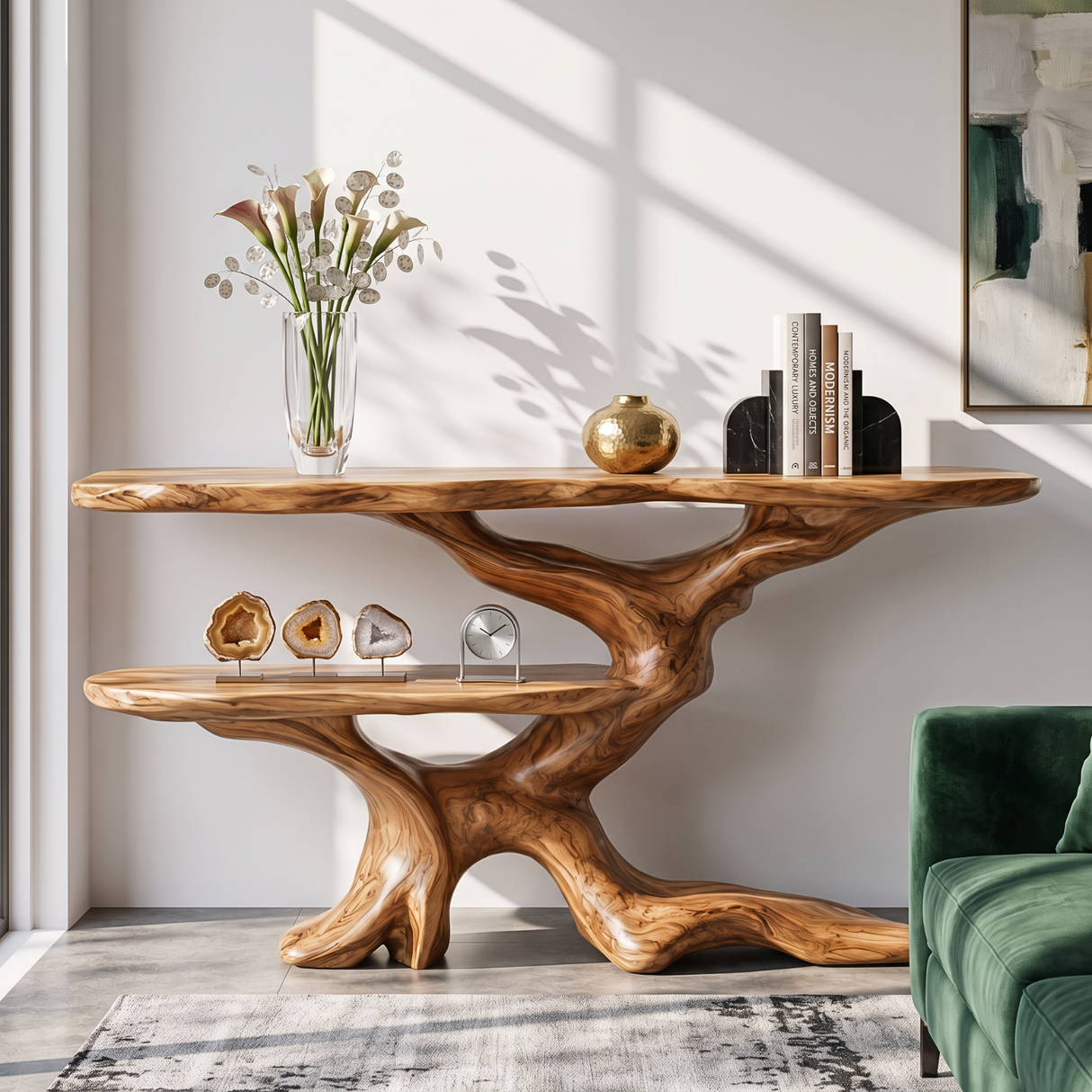 Console Table Solid Wood with Sculptural Branching Two Tier Base for Entryway Decor