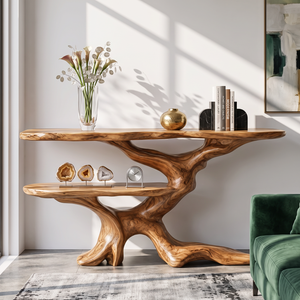 Console Table Solid Wood with Sculptural Branching Two Tier Base for Entryway Decor
