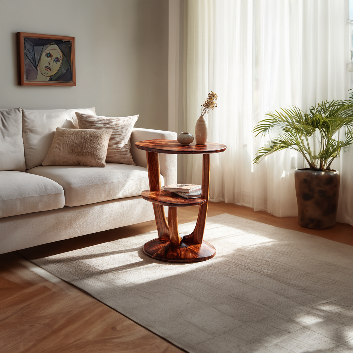 Round Solid Wood Side Table with Sculptural Base and Shelf