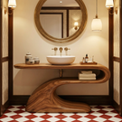 Modern Solid Wood Bathroom Vanity with Sculptural Curved Open Shelf