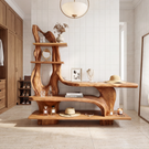 Artistic Solid Wood Console Table with Sculptural Base and Tiered Display Shelves Organic Freeform Console Table