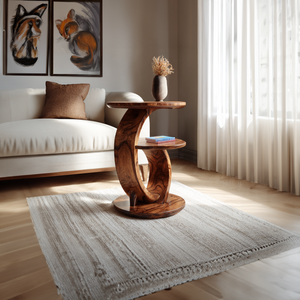 Sculptural Solid Wood Curved Side Table with Round Base