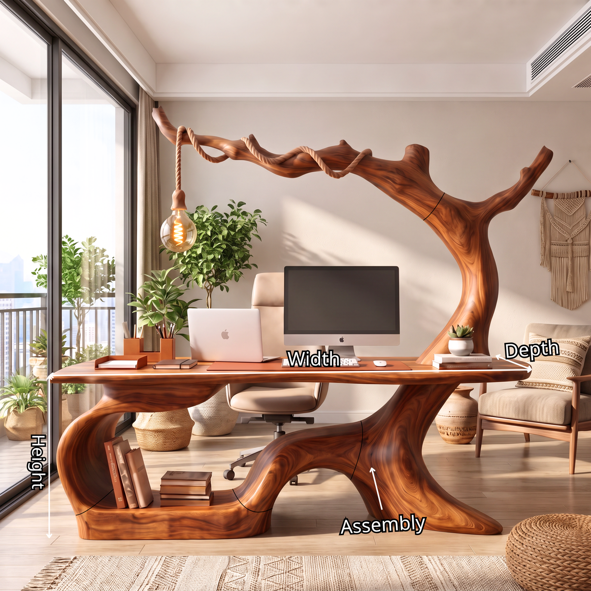 Handmade Solid Wood Tree Desk With Hanging Lamp Organic Modern Sculptural Office Table