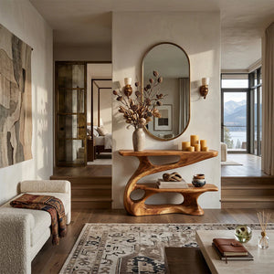 Modern Sculpted Wood Console Table with Open Shelf