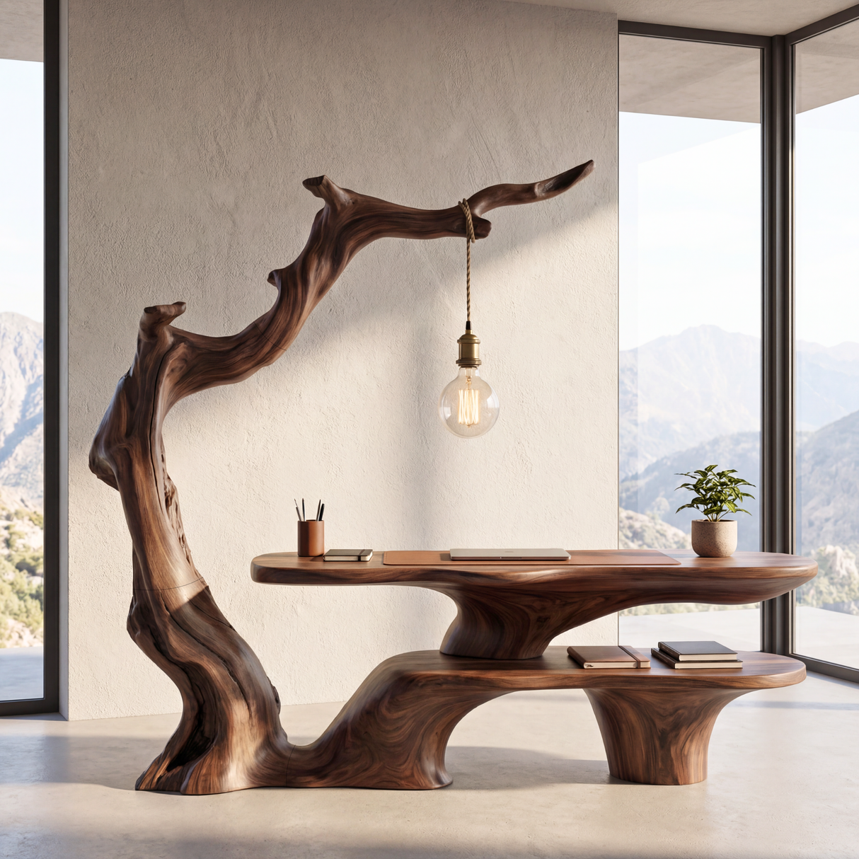 Sculptural Work Desk Tree Inspired Design with Hanging Lamp Organic Modern Workspace Table