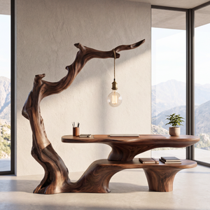 Sculptural Work Desk Tree Inspired Design with Hanging Lamp Organic Modern Workspace Table