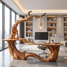 Handmade Organic Solid Wood Desk With Hanging Lamp Sculptural Modern Workspace Table