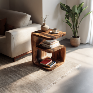 Solid Wood C-Shaped Side Table with Open Shelving