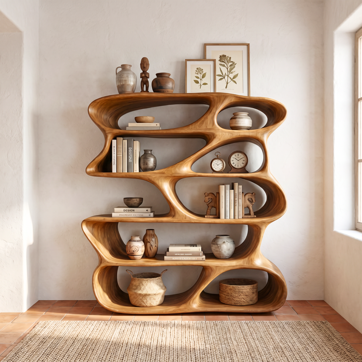 Organic Sculptural Bookshelf Handmade Modern Wooden Display Shelf Contemporary Storage Unit