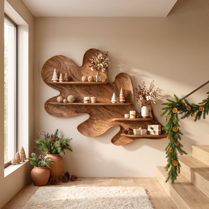 Organic Solid Wood Wall Shelf with Flowing Sculptural Leaf Design