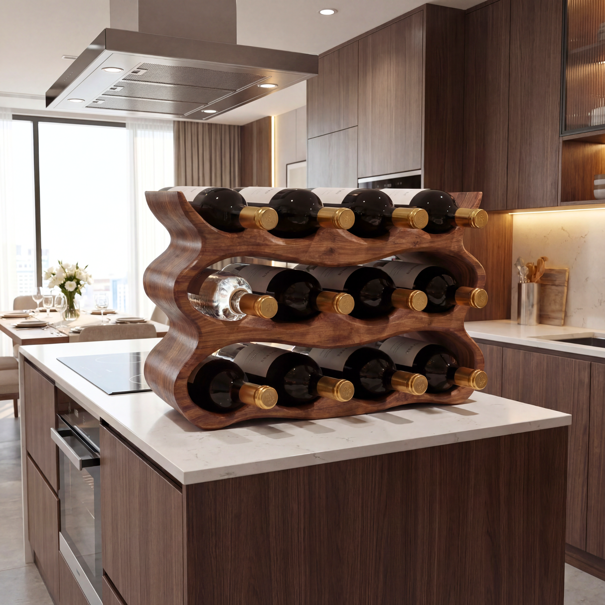 Wave Form Solid Wood Wine Rack Compact Sculptural Bottle Holder Multi Slot Tabletop Organizer