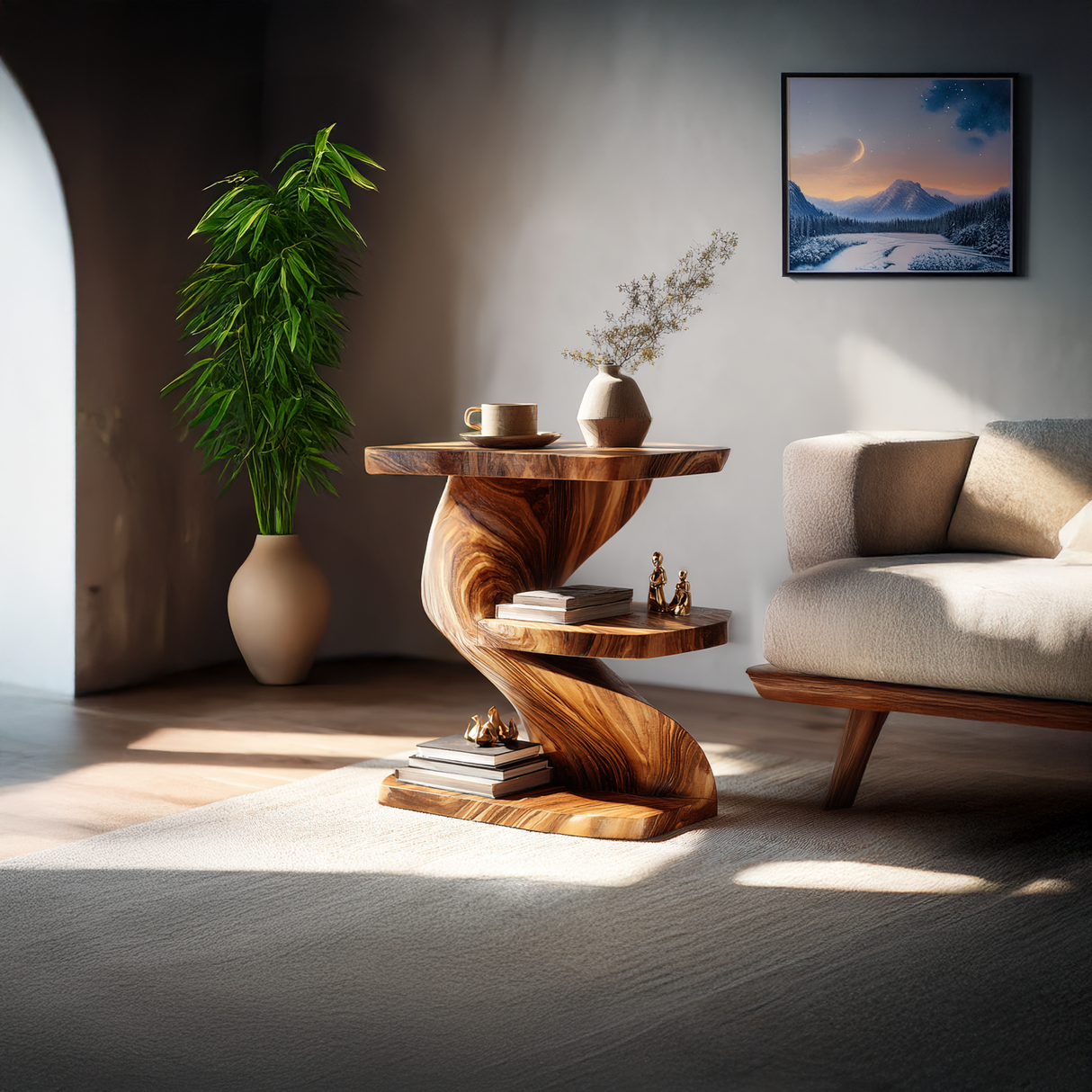 Sculptural Solid Wood Z Side Table with Shelves