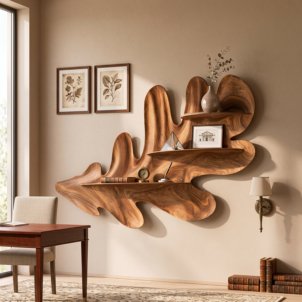 Organic Leaf Solid Wood Wall Shelf with Sculptural Floating Display Shelves
