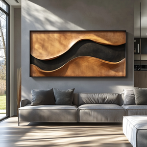 Sculptural Wood Wall Art Panel with Black Wave