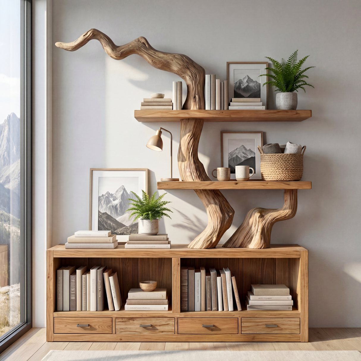 Solid Wood Bookshelf with Sculptural Tree Form and Storage Base
